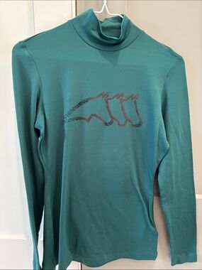 Equiline Women’s Teal Long Sleeve Turtleneck Top with Rhinestone Horses